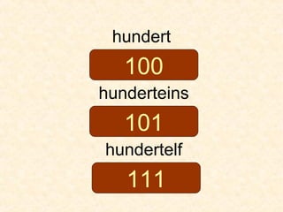 hundert
hunderteins
hundertelf
100
101
111
 
