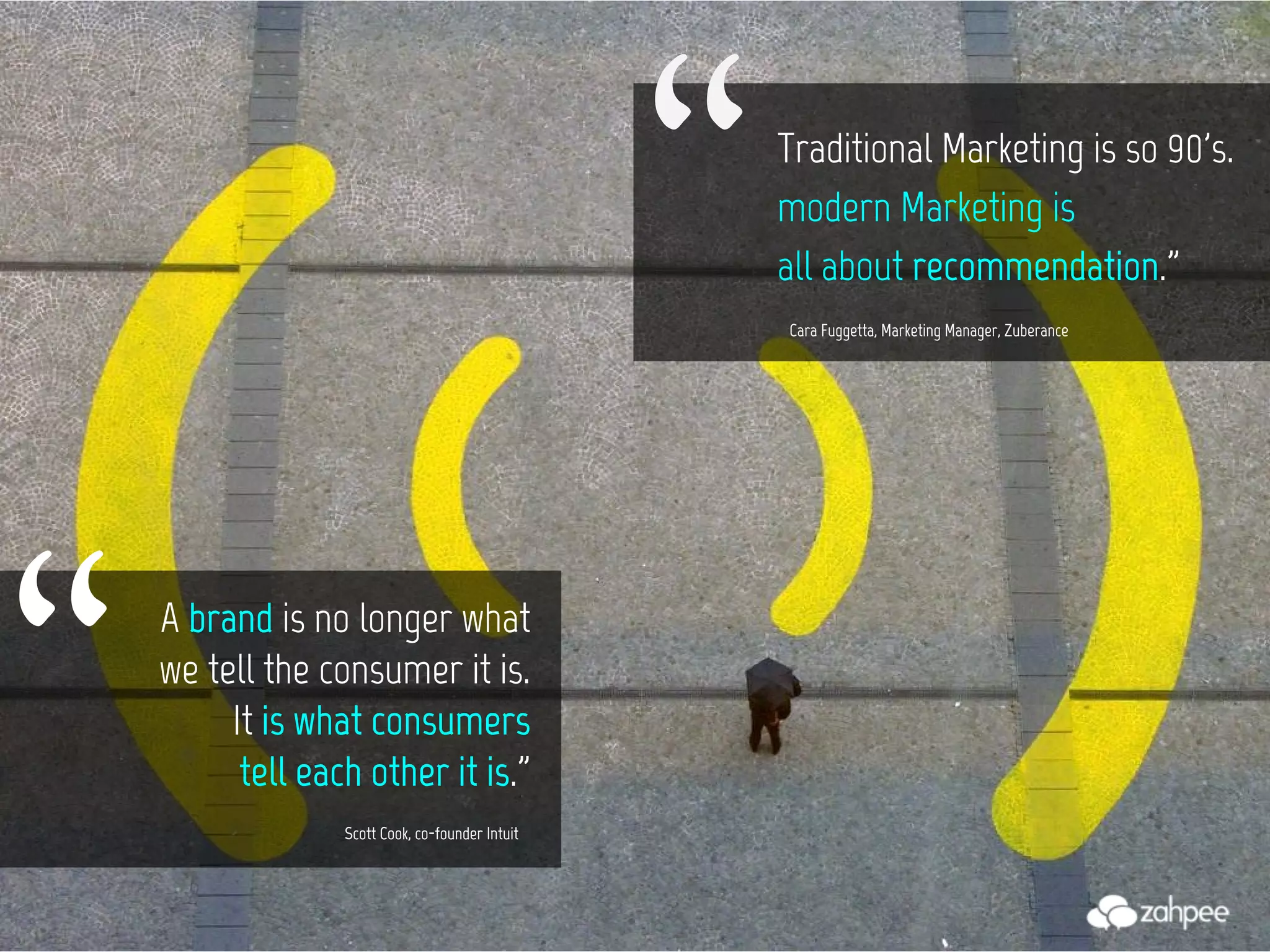 Traditional Marketing is so 90's.
                                                  modern Marketing is
                                                  all about recommendation."


"                                                 Cara Fuggetta, Marketing Manager, Zuberance




    A brand is no longer what
    we tell the consumer it is.
         It is what consumers
          tell each other it is."
                  Scott Cook, co-founder Intuit
 