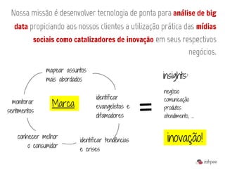Nossa missão é desenvolver tecnologia de ponta para análise de big
  data propiciando aos nossos clientes a utilização prática das mídias
          sociais como catalizadores de inovação em seus respectivos
                                                                     negócios.

               mapear assuntos
               mais abordados                           insights:



                                                    =
                                                        negócio
                                  identificar           comunicação
  monitorar      Marca            evangelistas e        produtos
sentimentos
                                  difamadores           atendimento, ...


    conhecer melhor
                           identificar tendências        inovação!
        o consumidor
                           e crises
 