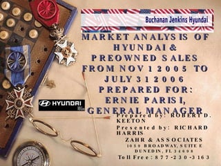 MARKET ANALYSIS OF HYUNDAI & PREOWNED SALES FROM NOV 1 2005 TO JULY 31 2006 PREPARED FOR: ERNIE PARISI, GENERAL MANAGER Prepared by:  ROBERT D. KEETON Presented by:  RICHARD HARRIS ZAHR & ASSOCIATES 1059 BROADWAY, SUITE E DUNEDIN, FL 34698 Toll Free: 877-230-3163 