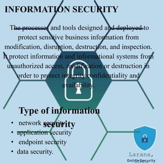 Larana,
Inc.
Online Security
INFORMATION SECURITY
The processes and tools designed and deployed to
protect sensitive business information from
modification, disruption, destruction, and inspection.
It protect information and informational systems from
unauthorized access, modification or destruction in
order to protect integrity confidentiality and
availability.
Type of information
security
• network security
• application security
• endpoint security
• data security.
 