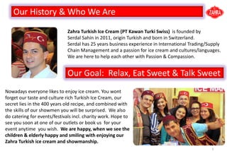 Zahra Turkish Ice Cream (PT Kawan Turki Swiss) is founded by
Serdal Sahin in 2011, origin Turkish and born in Switzerland.
Serdal has 25 years business experience in International Trading/Supply
Chain Management and a passion for ice cream and cultures/languages.
We are here to help each other with Passion & Compassion.
3
Our History & Who We Are
Nowadays everyone likes to enjoy ice cream. You wont
forget our taste and culture rich Turkish Ice Cream, our
secret lies in the 400 years old recipe, and combined with
the skills of our showmen you will be surprised. We also
do catering for events/festivals incl. charity work. Hope to
see you soon at one of our outlets or book us for your
event anytime you wish. We are happy, when we see the
children & elderly happy and smiling with enjoying our
Zahra Turkish ice cream and showmanship.
Our Goal: Relax, Eat Sweet & Talk Sweet
 