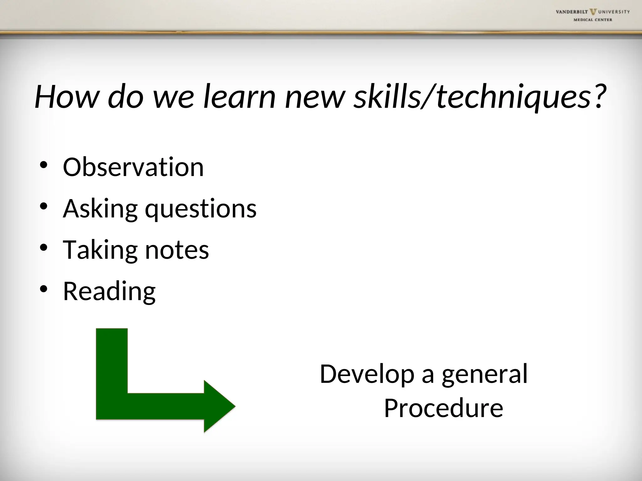 How do we learn new skills/techniques?
• Observation
• Asking questions
• Taking notes
• Reading
Develop a general
Procedure
 