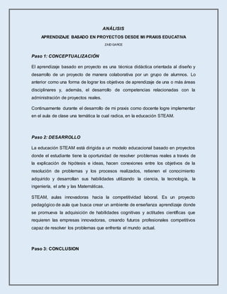 ANÁLISIS
APRENDIZAJE BASADO EN PROYECTOS DESDE MI PRAXIS EDUCATIVA
ZAID GARCE
Paso 1: CONCEPTUALIZACIÓN
El aprendizaje basado en proyecto es una técnica didáctica orientada al diseño y
desarrollo de un proyecto de manera colaborativa por un grupo de alumnos. Lo
anterior como una forma de lograr los objetivos de aprendizaje de una o más áreas
disciplinares y, además, el desarrollo de competencias relacionadas con la
administración de proyectos reales.
Continuamente durante el desarrollo de mi praxis como docente logre implementar
en el aula de clase una temática la cual radica, en la educación STEAM.
Paso 2: DESARROLLO
La educación STEAM está dirigida a un modelo educacional basado en proyectos
donde el estudiante tiene la oportunidad de resolver problemas reales a través de
la explicación de hipótesis e ideas, hacen conexiones entre los objetivos de la
resolución de problemas y los procesos realizados, retienen el conocimiento
adquirido y desarrollan sus habilidades utilizando la ciencia, la tecnología, la
ingeniería, el arte y las Matemáticas.
STEAM, aulas innovadoras hacia la competitividad laboral. Es un proyecto
pedagógico de aula que busca crear un ambiente de enseñanza aprendizaje donde
se promueva la adquisición de habilidades cognitivas y actitudes científicas que
requieren las empresas innovadoras, creando futuros profesionales competitivos
capaz de resolver los problemas que enfrenta el mundo actual.
Paso 3: CONCLUSION
 