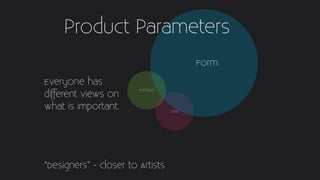 Cost
Form
Function
“Designers” - closer to Artists
Everyone has
different views on
what is important.
Product Parameters
 