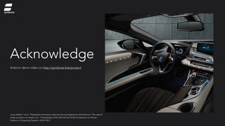 Acknowledge
Arduino demo video on http://symbiote.link/product
Jung, Malte F., et al. "Displayed uncertainty improves driving experience and behavior: The case of
range anxiety in an electric car." Proceedings of the 33rd Annual ACM Conference on Human
Factors in Computing Systems. ACM, 2015.
symbiote
 