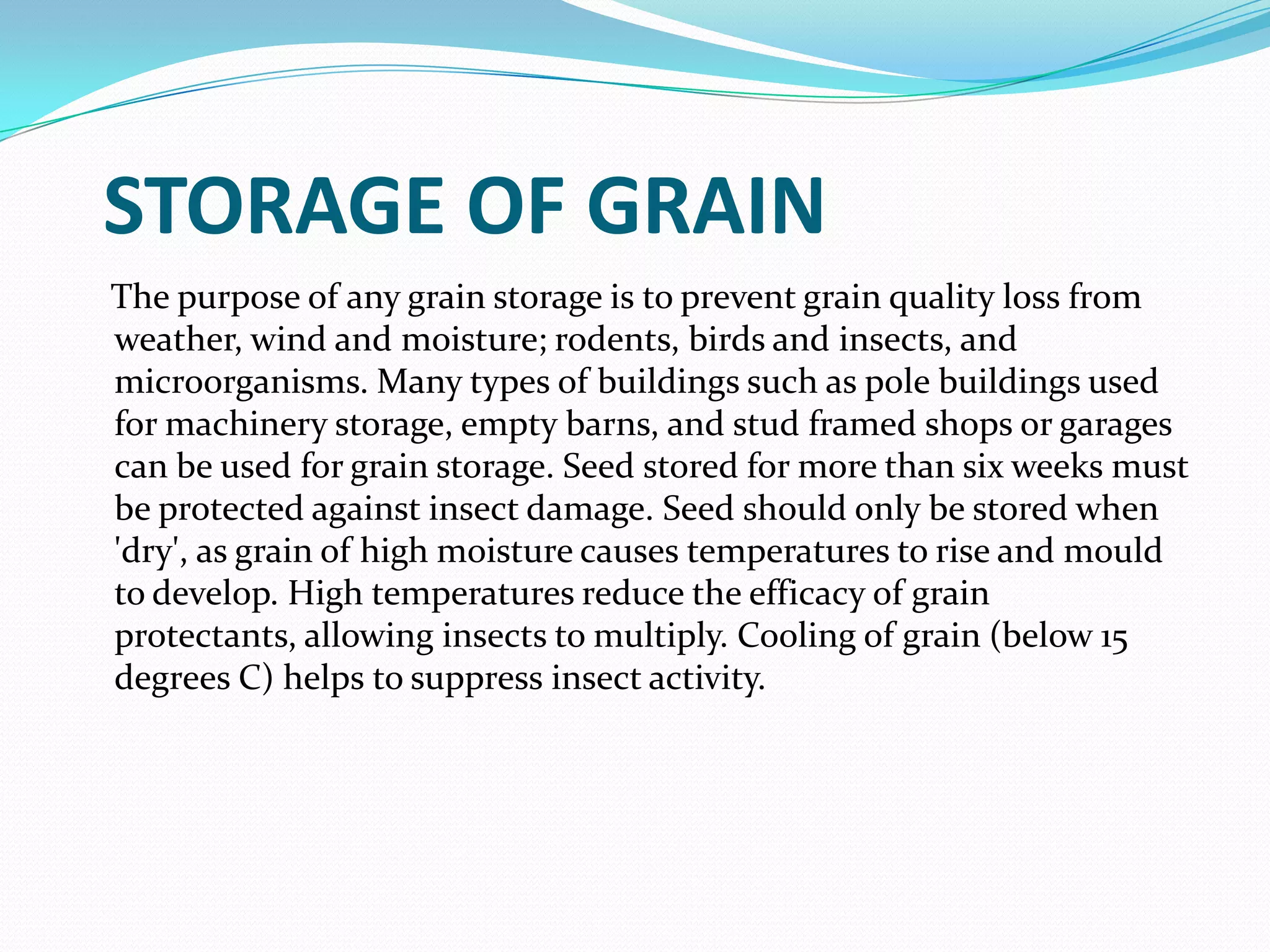 STORAGE OF GRAIN
The purpose of any grain storage is to prevent grain quality loss from
weather, wind and moisture; rodents, birds and insects, and
microorganisms. Many types of buildings such as pole buildings used
for machinery storage, empty barns, and stud framed shops or garages
can be used for grain storage. Seed stored for more than six weeks must
be protected against insect damage. Seed should only be stored when
'dry', as grain of high moisture causes temperatures to rise and mould
to develop. High temperatures reduce the efficacy of grain
protectants, allowing insects to multiply. Cooling of grain (below 15
degrees C) helps to suppress insect activity.
 