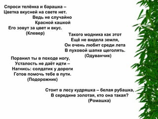 Спроси телёнка и барашка –
Цветка вкусней на свете нет.
Ведь не случайно
Красной кашкой
Его зовут за цвет и вкус.
(Клевер)
Такого модника как этот
Ещё не видела земля,
Он очень любит среди лета
В пуховой шапке щеголять.
(Одуванчик)
Поранил ты в походе ногу,
Усталость не даёт идти –
Нагнись: солдатик у дороги
Готов помочь тебе в пути.
(Подорожник)
Стоит в лесу кудряшка – белая рубашка,
В середине золотая, кто она такая?
(Ромашка)

 