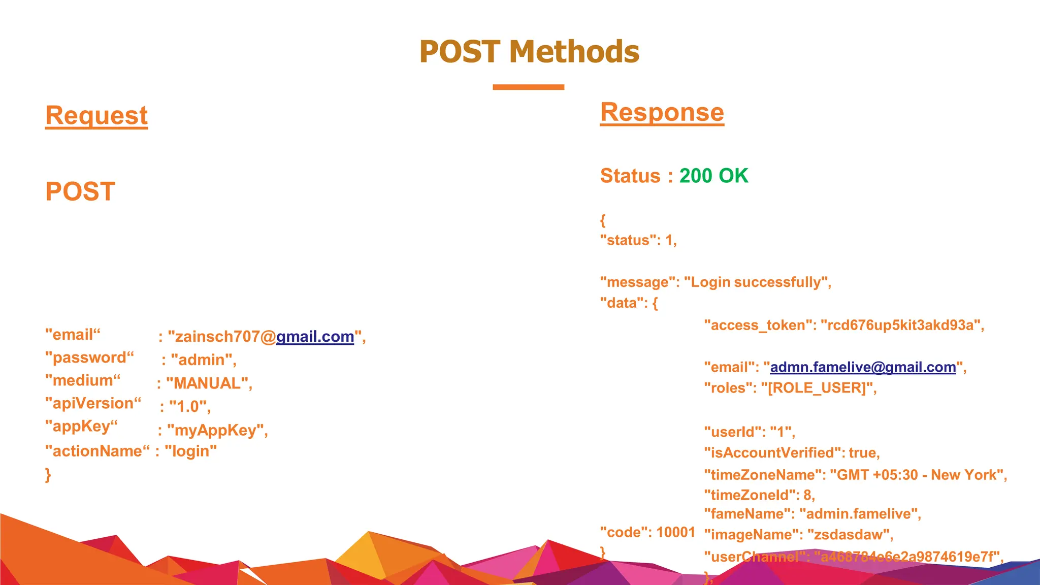 POST Methods
"code": 10001
}
Request
POST
"email“
"password“
"medium“
"apiVersion“
"appKey“
: "zainsch707@gmail.com",
: "admin",
: "MANUAL",
: "1.0",
: "myAppKey",
"actionName“ : "login"
}
Response
Status : 200 OK
{
"status": 1,
"message": "Login successfully",
"data": {
"access_token": "rcd676up5kit3akd93a",
"email": "admn.famelive@gmail.com",
"roles": "[ROLE_USER]",
"userId": "1",
"isAccountVerified": true,
"timeZoneName": "GMT +05:30 - New York",
"timeZoneId": 8,
"fameName": "admin.famelive",
"imageName": "zsdasdaw",
"userChannel": "a468784e6e2a9874619e7f",
},
 