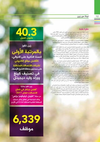 ‫نبذة عن زين‬                ‫21‬




      ‫3.04‬
                                                                                                        ‫نظرة عامة‬
                                               ‫تأسست شركة زين بموجب مرسوم أميري في الكويت في العام -3891 والتي‬
                                           ‫كانت تعرف حينها باسم شركة االتصاالت المتنقلة “ إم تي سي”- لتكون اول شركة‬
                                             ‫اتصاالت في منطقة الشرق األوسط، وفي العام 7002 تم إطالق العالمة التجارية‬
            ‫مليون عميل‬                                           ‫“زين” لتكون الهوية الجديدة لهذا الكيان االقتصادي الكبير.‬
                                            ‫والواقع أن العالمة التجارية زين والوعد الذي تقدمه – أال وهو خلق “عالم جميل”‬
                                              ‫– يعكس معاني الطاقة واإللهام والتنوع التي تميز عمالء المجموعة وموظفيها‬
                                                           ‫وغيرهم من األطراف ذات الصلة المعنيين بصناعة االتصاالت.‬
              ‫زين تفوز‬                      ‫وقد تمتعت زين بالنمو وروح االبتكار المستمرين على مدار العقود الثالثة الماضية،‬


 ‫بالمرتبة األولى‬
                                                     ‫حيث رسخت لنفسها وجودا تجاريا في 32 دولة في أرجاء منطقة الشرق‬
                                               ‫األوسط وقارة أفريقيا ( منطقة الصحراء الكبرى )، وفي العام 0102، وفي خطوة‬
                                                 ‫استراتيجية هدفت الى إعادة التركيز على منطقة عملياتنا الرئيسية، نجحت‬
                                                 ‫الشركة في إبرام واحدة من أفضل صفقات التخارج في قطاع االتصاالت على‬
‫للسنة الثانية على التوالي،‬                      ‫مستوى العالم خالل الـ 51 عامًا الماضية ( وفقًا لتصنيف أكثر من جهة دولية‬
                                                              ‫لهذه الصفقة )، وذلك بعد بيع األصول اإلفريقية في 51 دولة.‬

   ‫كأفضل موقع إلكتروني‬                         ‫وفي العام 1102 - ونتيجة للتقسيم الجغرافي السياسي للسودان إلى دولتين‬
                                             ‫– أال وهما السودان وجنوب السودان – انتهت زين بنجاح من الفصل بين شبكتي‬

  ‫لشركات االتصاالت المتنقلة‬                     ‫الدولتين، وأصبح هناك اآلن فريق إدارة جديد في جمهورية جنوب السودان،‬
                                             ‫وفي سبتمبر 1102 تم بنجاح إجراء أول مكالمة هاتفية عبر شبكة زين في جنوب‬
‫على مستوى منطقة الشرق األوسط،‬                                                                              ‫السودان.‬
                                              ‫باعتبار شركة زين مشغل اتصاالت رائد على مستوى منطقة الشرق األوسط، فإنها‬
  ‫في تصنيف كينغ‬                              ‫توفر مجموعة متمزية من الخدمات الصوتية وخدمات البيانات المتنقلة ألكثر من‬
                                            ‫2.04 مليون عميل نشط، حيث يمتد الوجود التشغيلي والتجاري للشركة حاليا عبر‬

  ‫وورلد وايد ديجيتل‬                            ‫ثمان دول، حيث تتوزع عمليات الشركة التشغيلية في كل من الكويت، المملكة‬
                                                  ‫األردنية، البحرين، العراق، لبنان، المملكة العربية السعودية، السودان، وجنوب‬
                                            ‫السودان. وتتولى مجموعة زين ادارة شركة “ام تي سي-تاتش” في لبنان، لكن تلك‬
                                                                                           ‫الشركة مملوكة للدولة اللبنانية.‬
                                               ‫المقر الرئيسي لمجموعة زين يتواجد في الكويت، وأسهمها مدرجة للتداول في‬
            ‫زين تفوز بجائزة‬                ‫بورصة الكويت لألوراق المالية باعتبارها شركة عامة، حيث ال توجد قيود على أسهم‬
  ‫“أفضل ابتكار في قطاع‬                     ‫المجموعة إذ أن رأس مالها يتمتع بخاصية التداول الحر بنسبة 001%، و تعد هيئة‬
                                              ‫االستثمار الكويتية أكبر مساهم في الشركة بنسبة 2.42%، وتمتلك مجموعة زين‬
  ‫االتصاالت للعام 1102”‬                    ‫حصة قدرها 52% من أسهم شركة زين السعودية (رسميا “ االتصاالت السعودية”)،‬
                                                   ‫والتي يتم تداول أسهمها في البورصة السعودية كشركة مساهمة سعودية.‬
‫من مجلة “غلوبل تيليكومز بزنس”‬
  ‫وذلك لنجاحها في إطالق ونشر خدمات‬
‫المحفظة النقدية المتنقلة ‪ E-mal‬في األردن‬




  ‫933,6‬
           ‫موظف‬
 