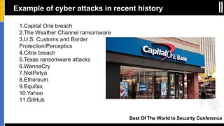 Best Of The World In Security Conference
1.Capital One breach
2.The Weather Channel ransomware
3.U.S. Customs and Border
Protection/Perceptics
4.Citrix breach
5.Texas ransomware attacks
6.WannaCry
7.NotPetya
8.Ethereum
9.Equifax
10.Yahoo
11.GitHub
Example of cyber attacks in recent history
 