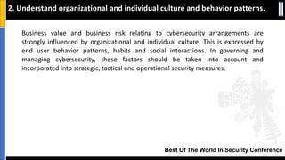 Best Of The World In Security Conference
Business value and business risk relating to cybersecurity arrangements are
strongly influenced by organizational and individual culture. This is expressed by
end user behavior patterns, habits and social interactions. In governing and
managing cybersecurity, these factors should be taken into account and
incorporated into strategic, tactical and operational security measures.
2. Understand organizational and individual culture and behavior patterns.
 