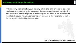 Best Of The World In Security Conference
•Cybersecurity transformation, just like any other long‐term process, is based on
continuous improvement and a succession through various levels of maturity. This
also means that the strategy and its detailed parts will need to be reviewed and
validated at regular intervals, considering any changes to the risk profile as well as
the risk appetite defined by the enterprise.
Cybersecurity Transformation
 