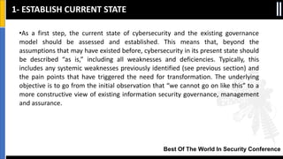 Best Of The World In Security Conference
•As a first step, the current state of cybersecurity and the existing governance
model should be assessed and established. This means that, beyond the
assumptions that may have existed before, cybersecurity in its present state should
be described “as is,” including all weaknesses and deficiencies. Typically, this
includes any systemic weaknesses previously identified (see previous section) and
the pain points that have triggered the need for transformation. The underlying
objective is to go from the initial observation that “we cannot go on like this” to a
more constructive view of existing information security governance, management
and assurance.
1- ESTABLISH CURRENT STATE
 