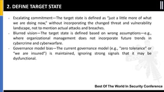 Best Of The World In Security Conference
• Escalating commitment—The target state is defined as “just a little more of what
we are doing now,” without incorporating the changed threat and vulnerability
landscape, not to mention actual attacks and breaches.
• Blurred vision—The target state is defined based on wrong assumptions—e.g.,
where organizational management does not incorporate future trends in
cybercrime and cyberwarfare.
• Governance model bias—The current governance model (e.g., “zero tolerance” or
“we are insured”) is maintained, ignoring strong signals that it may be
dysfunctional.
2. DEFINE TARGET STATE
 