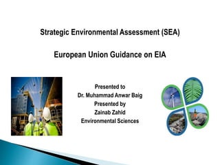 Strategic Environmental Assessment (SEA)
European Union Guidance on EIA
Presented to
Dr. Muhammad Anwar Baig
Presented by
Zainab Zahid
Environmental Sciences
 