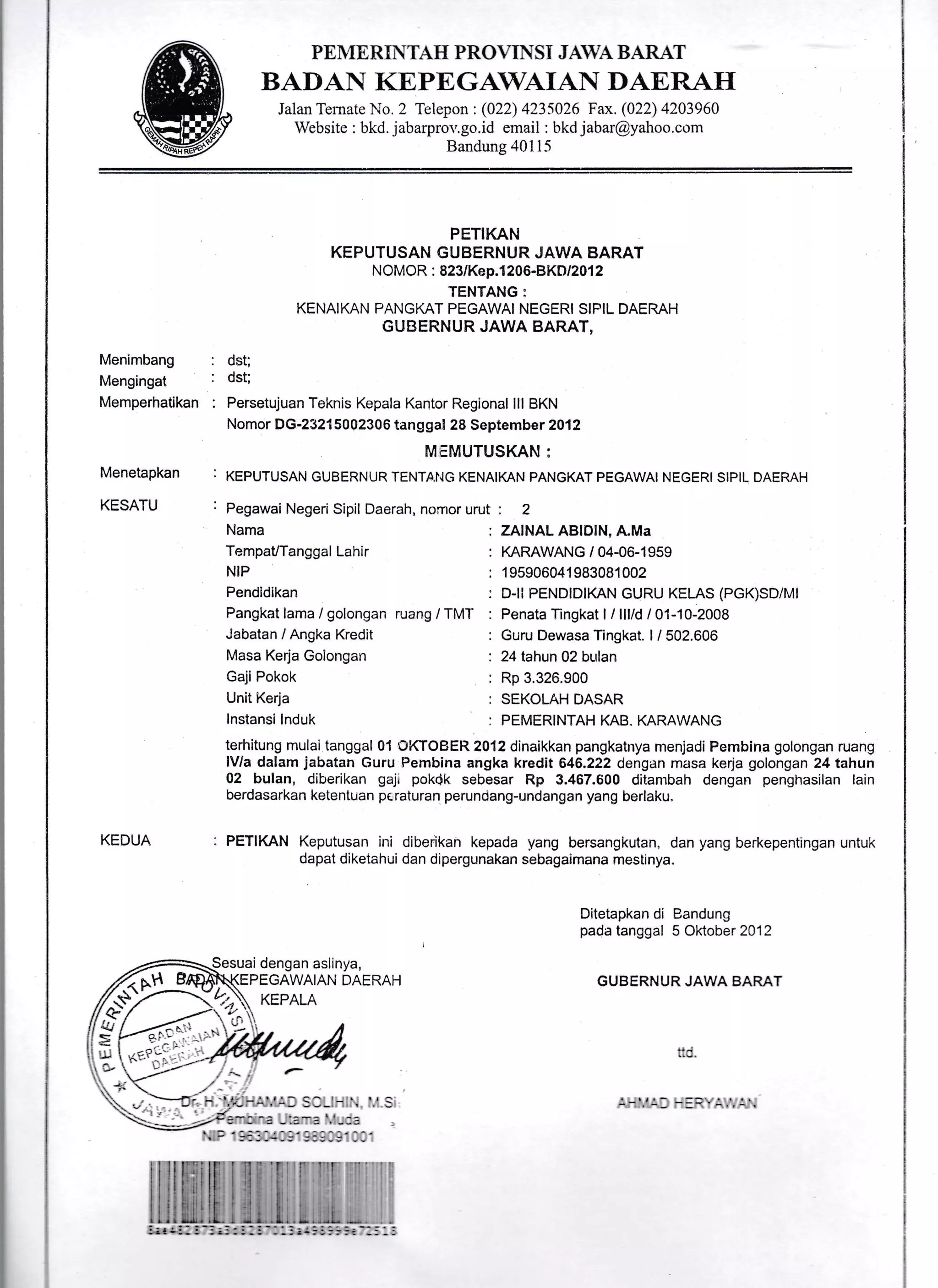 PEN,IERINTAH PROVINSI JA44 BARAT
BADAN I(EPE GAI/AI ANI DAERAH
Jalan Temate I{o. 2 Telepon : (022) 4235026 Fax. (022) 4203960
Website : bkd. jabarpror,.go.id email : bkd jabar@yahoo.com
Bandung 401 15
Menimbang
Mengingat
MemperhaUkan
Menetapkan
KESATU
KEDUA
PETIKAhJ
KEPUTUSAN GUBERNUR JAWA BARAT
N OMOR : 823 lKep.1206-BKt /201 2
TENTANG:
KENAIKAN PANGKAT PEGAWAI NEGERI SIPIL DAERAH
GUBERNUR JAWA BARAT,
dst;
dsU
Persetujuan Teknis Kepala Kantor Regional lll BKN
Nomor DG-23215002306 tanggal 28 September 2A12
MEMUTUSKAN :
KEPUTUSAN GUBERNUR TENTANG KENAIKAN PANGKAT PEGAWAI NEGERI SIPIL DAERAH
Pegawai Negeri Sipil Daerah, nomor urut : 2
Nama
TempaUTanggal Lahir
NIP
Pendidikan
Pangkat lama / golongan ruang / TMT
Jabatan / Angka Kredit
Masa Kerja Golongan
Gaji Pokok
Unit Kerja
lnstansi lnduk
ZAINAL ABIDIN, A.MA
KARAWANG / 04-06-1959
1 95906041 983081 002
D-ll PENDIDIKAN GURU KELAS (PGK)SD/MI
Penata Tingkat I llllld 101-10-2008
Guru Dewasa Tingkat. l/ 502.606
24 tahun 02 bulan
Rp 3.326.900
SEKOLAH DASAR
PEMERINTAH KAB. KARAWANG
terhitung mulai tanggal 01 CKTOBER 2012 dinaikkan pangkatrrya menjadi Pembina golongan ruang
lV/a dalam jabatan Guru Fembina angka kredit 646.222 dengan masa kerja golongan 24 tahun
02 bulan, diberikan gaji pokdk sebesar Rp 3.467.600 ditanrbah dengan penghasilan lain
berdasarkan ketentuan peraturan perundang-undangan yang berlaku"
PETIKAN Keputusan ini diberikan kepada yang bersangkutan, dan yang berkepentingan untuk
dapat diketahui dan dipergunakan sebagaimana mestinya"
i dengan aslinya,
Ditetapkan di Bandung
pada tanggal 5 Oktober 2012
GUBERNUR JAWA BARATGAWAIAN DAERAH
KEPALA
fid.
A}IMAD HERYAWA!,|
,
t"4
r,
 
