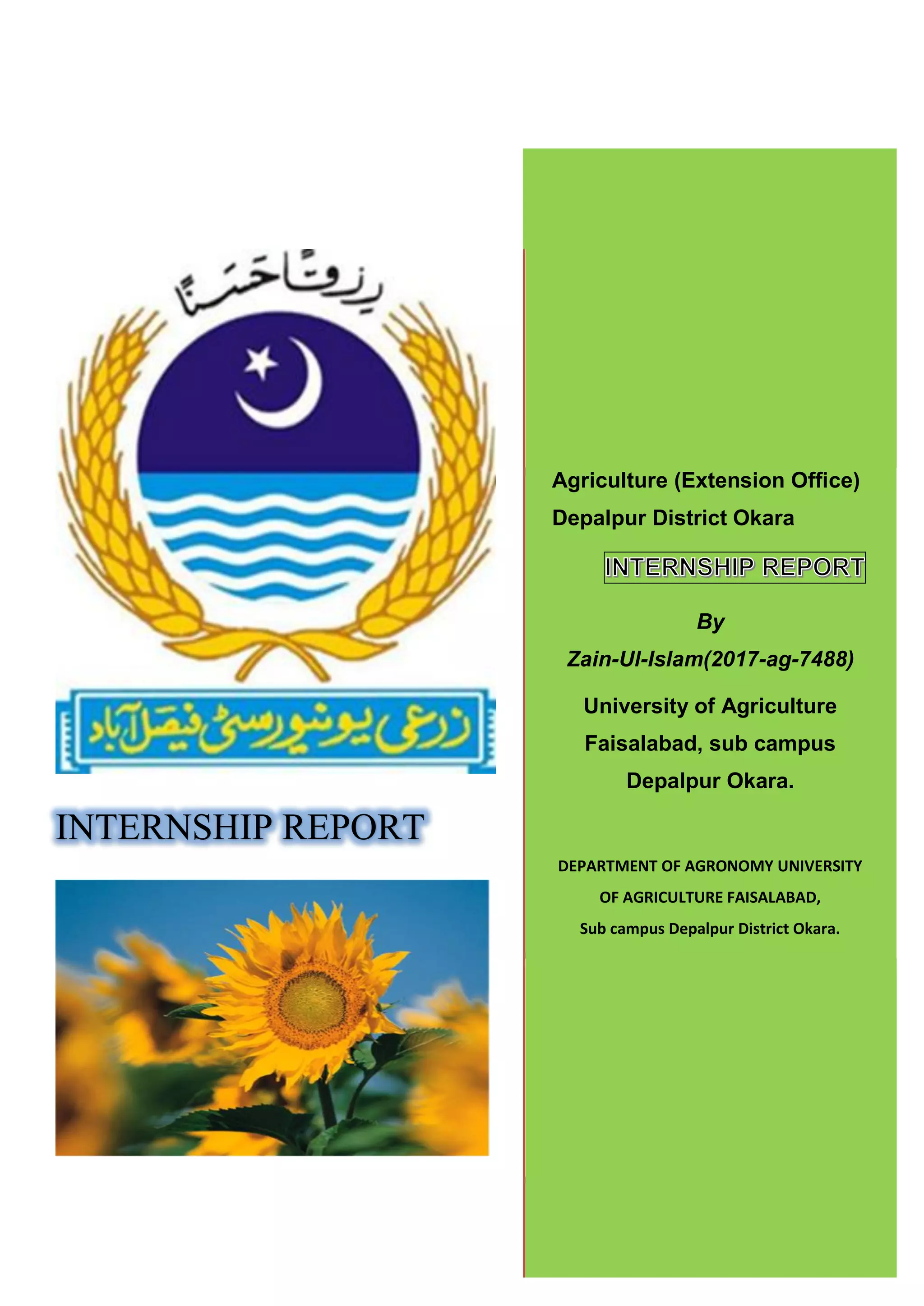 INTERNSHIP REPORT
Agriculture (Extension Office)
Depalpur District Okara
By
Zain-Ul-Islam(2017-ag-7488)
University of Agriculture
Faisalabad, sub campus
Depalpur Okara.
DEPARTMENT OF AGRONOMY UNIVERSITY
OF AGRICULTURE FAISALABAD,
Sub campus Depalpur District Okara.
 