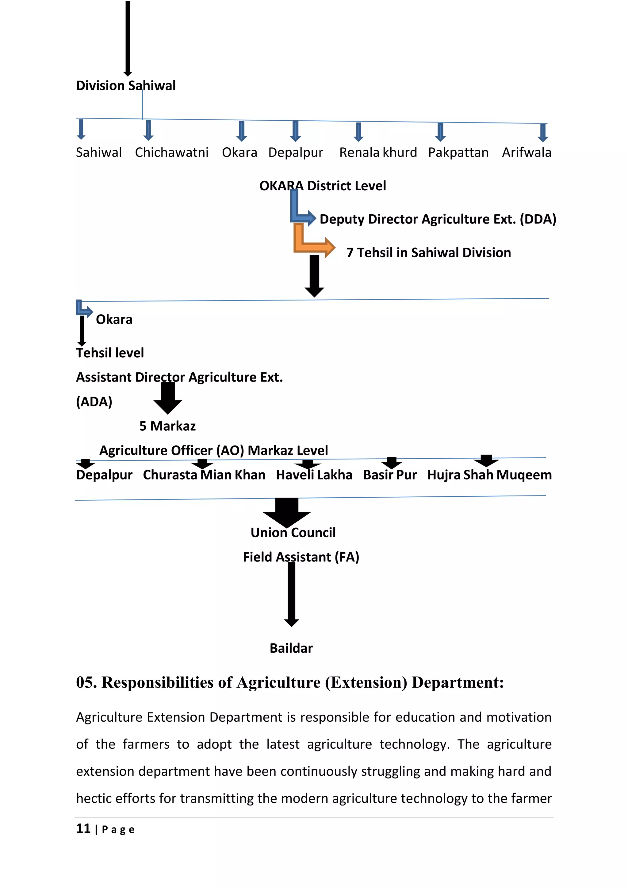 11 | P a g e
Division Sahiwal
Sahiwal Chichawatni Okara Depalpur Renala khurd Pakpattan Arifwala
OKARA District Level
Deputy Director Agriculture Ext. (DDA)
7 Tehsil in Sahiwal Division
Okara
Tehsil level
Assistant Director Agriculture Ext.
(ADA)
5 Markaz
Agriculture Officer (AO) Markaz Level
Depalpur Churasta Mian Khan Haveli Lakha Basir Pur Hujra Shah Muqeem
Union Council
Field Assistant (FA)
Baildar
05. Responsibilities of Agriculture (Extension) Department:
Agriculture Extension Department is responsible for education and motivation
of the farmers to adopt the latest agriculture technology. The agriculture
extension department have been continuously struggling and making hard and
hectic efforts for transmitting the modern agriculture technology to the farmer
 