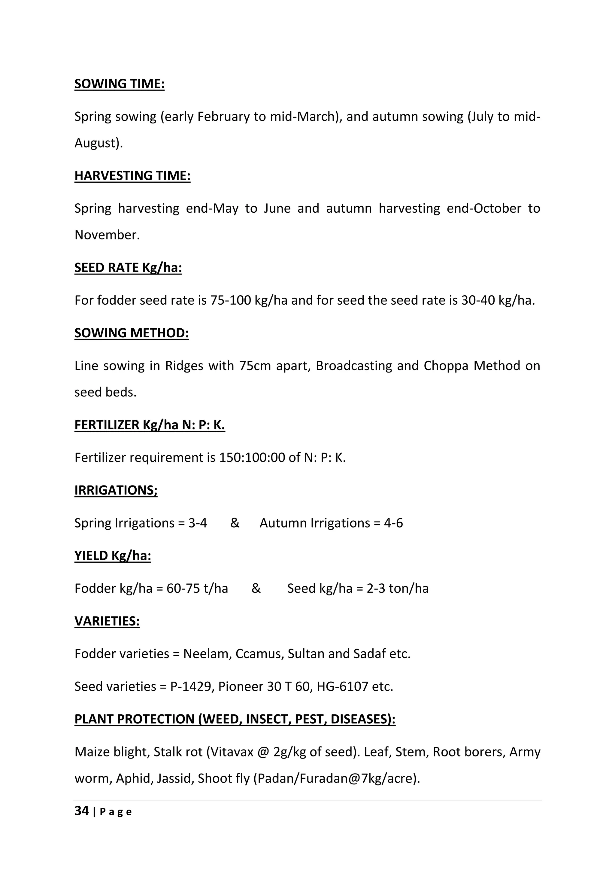 34 | P a g e
SOWING TIME:
Spring sowing (early February to mid-March), and autumn sowing (July to mid-
August).
HARVESTING TIME:
Spring harvesting end-May to June and autumn harvesting end-October to
November.
SEED RATE Kg/ha:
For fodder seed rate is 75-100 kg/ha and for seed the seed rate is 30-40 kg/ha.
SOWING METHOD:
Line sowing in Ridges with 75cm apart, Broadcasting and Choppa Method on
seed beds.
FERTILIZER Kg/ha N: P: K.
Fertilizer requirement is 150:100:00 of N: P: K.
IRRIGATIONS;
Spring Irrigations = 3-4 & Autumn Irrigations = 4-6
YIELD Kg/ha:
Fodder kg/ha = 60-75 t/ha & Seed kg/ha = 2-3 ton/ha
VARIETIES:
Fodder varieties = Neelam, Ccamus, Sultan and Sadaf etc.
Seed varieties = P-1429, Pioneer 30 T 60, HG-6107 etc.
PLANT PROTECTION (WEED, INSECT, PEST, DISEASES):
Maize blight, Stalk rot (Vitavax @ 2g/kg of seed). Leaf, Stem, Root borers, Army
worm, Aphid, Jassid, Shoot fly (Padan/Furadan@7kg/acre).
 