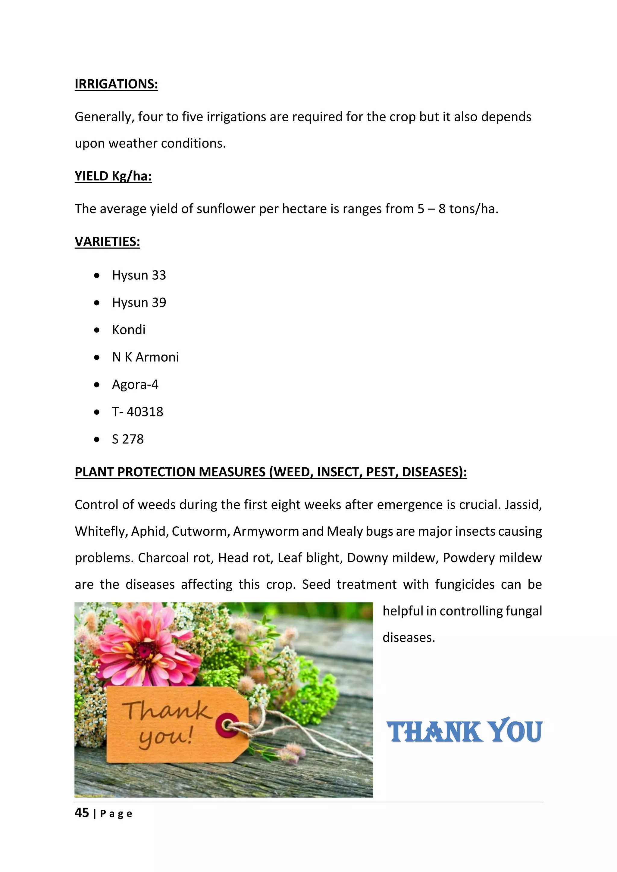 45 | P a g e
IRRIGATIONS:
Generally, four to five irrigations are required for the crop but it also depends
upon weather conditions.
YIELD Kg/ha:
The average yield of sunflower per hectare is ranges from 5 – 8 tons/ha.
VARIETIES:
 Hysun 33
 Hysun 39
 Kondi
 N K Armoni
 Agora-4
 T- 40318
 S 278
PLANT PROTECTION MEASURES (WEED, INSECT, PEST, DISEASES):
Control of weeds during the first eight weeks after emergence is crucial. Jassid,
Whitefly, Aphid, Cutworm, Armyworm and Mealy bugs are major insects causing
problems. Charcoal rot, Head rot, Leaf blight, Downy mildew, Powdery mildew
are the diseases affecting this crop. Seed treatment with fungicides can be
helpful in controlling fungal
diseases.
Thank you
 