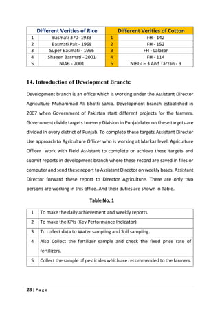28 | P a g e
Different Verities of Rice Different Verities of Cotton
1 Basmati 370- 1933 1 FH - 142
2 Basmati Pak - 1968 2 FH - 152
3 Super Basmati - 1996 3 FH - Lalazar
4 Shaeen Basmati - 2001 4 FH - 114
5 NIAB - 2001 5 NIBGI – 3 And Tarzan - 3
14. Introduction of Development Branch:
Development branch is an office which is working under the Assistant Director
Agriculture Muhammad Ali Bhatti Sahib. Development branch established in
2007 when Government of Pakistan start different projects for the farmers.
Government divide targets to every Division in Punjab later on these targets are
divided in every district of Punjab. To complete these targets Assistant Director
Use approach to Agriculture Officer who is working at Markaz level. Agriculture
Officer work with Field Assistant to complete or achieve these targets and
submit reports in development branch where these record are saved in files or
computer and send these report to Assistant Director on weekly bases. Assistant
Director forward these report to Director Agriculture. There are only two
persons are working in this office. And their duties are shown in Table.
Table No. 1
1 To make the daily achievement and weekly reports.
2 To make the KPIs (Key Performance Indicator).
3 To collect data to Water sampling and Soil sampling.
4 Also Collect the fertilizer sample and check the fixed price rate of
fertilizers.
5 Collect the sample of pesticides which are recommended to the farmers.
 