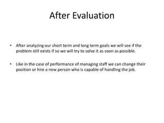 After Evaluation
• After analyzing our short term and long term goals we will see if the
problem still exists if so we will try to solve it as soon as possible.
• Like in the case of performance of managing staff we can change their
position or hire a new person who is capable of handling the job.
 