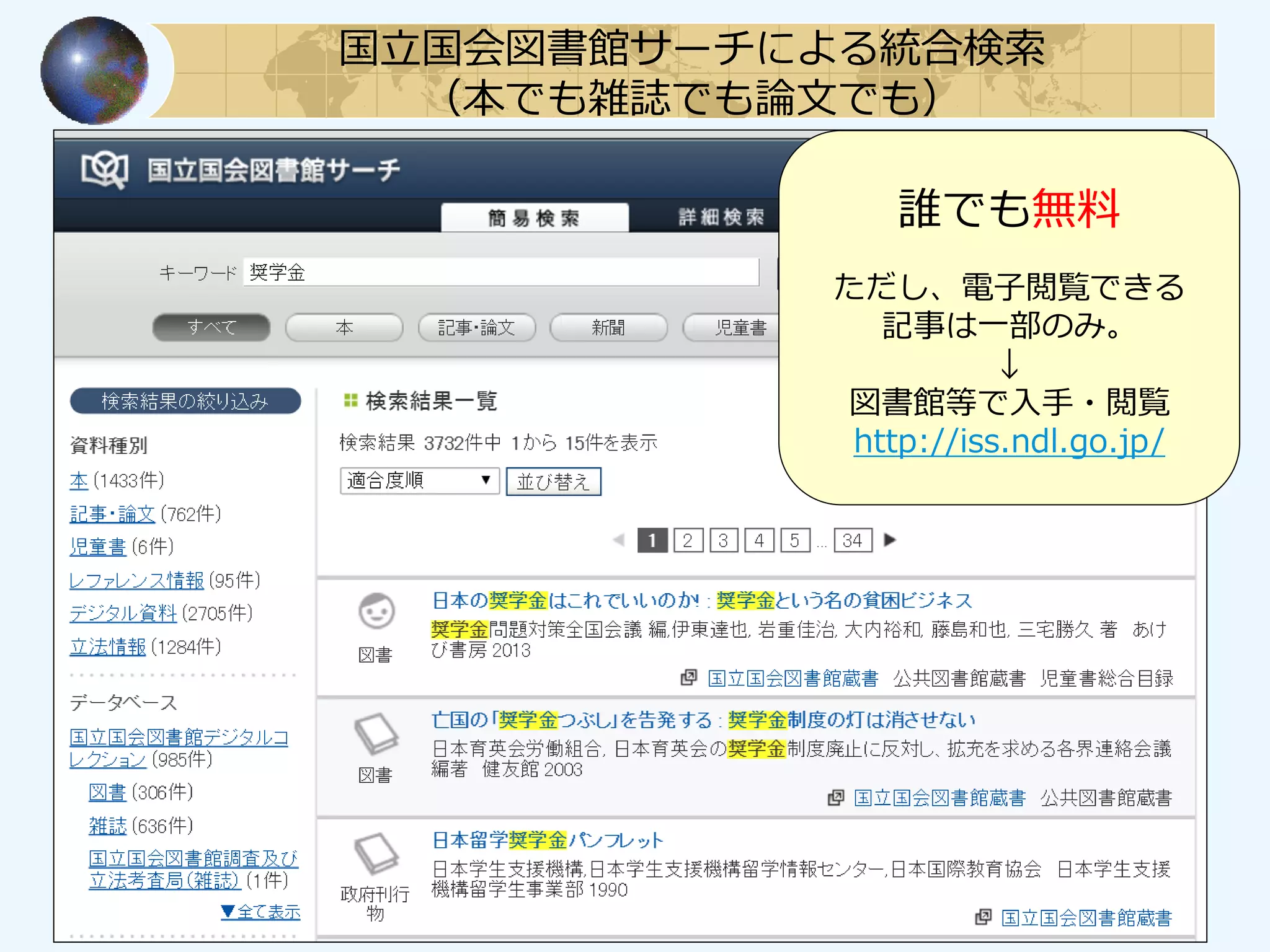 国立国会図書館サーチによる統合検索
（本でも雑誌でも論文でも）
誰でも無料
ただし、電子閲覧できる
記事は一部のみ。
↓
図書館等で入手・閲覧
http://iss.ndl.go.jp/
 
