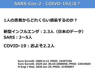 1人の患者からどれくらい感染するのか？
新型インフルエンザ：2.3人（日本のデータ）
SARS：2〜5人
COVID-19：およそ2.2人
Euro Surveill. 2009:4;14. PMID: 19497256
Euro Survei...