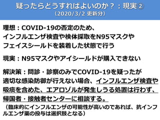 理想：COVID-19の否定のため、
インフルエンザ検査や検体採取をN95マスクや
フェイスシールドを装着した状態で行う
現実：N95マスクやアイシールドが購入できない
解決策：問診・診察のみでCOVID-19を疑ったが
適切な感染防御が行えな...