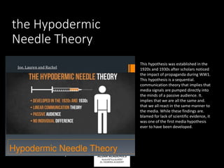 the Hypodermic
Needle Theory
The hypodermic needle theory
was developed in 1920-1930 after
researchers observed the effect
during world war one. it is a
linear communication theory
which suggests media messages
are injected directly into the brain
of an passive audience which
suggests we are all the same and
we’ll all respond to media the
same way.
This hypothesis was established in the
1920s and 1930s after scholars noticed
the impact of propaganda during WW1.
This hypothesis is a sequential.
communication theory that implies that
media signals are pumped directly into
the minds of a passive audience. It.
implies that we are all the same and.
that we all react in the same manner to
the media. While these findings are.
blamed for lack of scientific evidence, it
was one of the first media hypothesis
ever to have been developed.
 