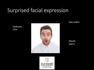 Surprised facial expression
Eyebrows
raise
Eyes widen
Mouth
opens
 