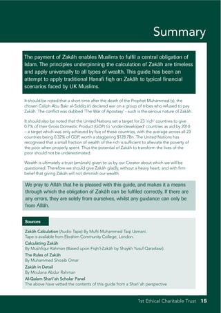 Summary
The payment of Zakah enables Muslims to fulfil a central obligation of
                     ¯
Islam. The principles underpinning the calculation of Zakah are timeless
                                                           ¯
and apply universally to all types of wealth. This guide has been an
attempt to apply traditional Hanafi fiqh on Zakah to typical financial
                                                 ¯
scenarios faced by UK Muslims.

It should be noted that a short time after the death of the Prophet Muhammed (s), the
chosen Caliph Abu Bakr al-Siddıq (r) declared war on a group of tribes who refused to pay
                                 ¯
Zakah. The conflict was dubbed ‘The War of Apostasy’ - such is the serious nature of Zakah.
     ¯                                                                                  ¯

It should also be noted that the United Nations set a target for 23 ‘rich’ countries to give
0.7% of their Gross Domestic Product (GDP) to ‘under-developed’ countries as aid by 2010
– a target which was only achieved by five of these countries, with the average across all 23
countries being 0.32% of GDP, worth a staggering $128.7Bn. The United Nations has
recognised that a small fraction of wealth of the rich is sufficient to alleviate the poverty of
the poor when properly spent. Thus the potential of Zakah to transform the lives of the
                                                            ¯
poor should not be underestimated.

Wealth is ultimately a trust (amanah) given to us by our Creator about which we will be
                                 ¯
questioned. Therefore we should give Zakah gladly, without a heavy heart, and with firm
                                            ¯
belief that giving Zakah will not diminish our wealth.
                      ¯

We pray to Alla that he is pleased with this guide, and makes it a means
               ¯h
through which the obligation of Zakah can be fulfiled correctly. If there are
                                      ¯
any errors, they are solely from ourselves, whilst any guidance can only be
from Alla
        ¯h.


Sources

Zakah Calculation (Audio Tape) By Mufti Muhammed Taqi Usmani.
   ¯
Tape is available from Ebrahim Community College, London.
Calculating Zakah
               ¯
By Mushfiqur Rahman (Based upon Fiqh’l-Zakah by Shaykh Yusuf Qaradawi).
                                          ¯
The Rules of Zakah
                ¯
By Muhammed Shoaib Omar
Zakah in Detail
   ¯
By Moulana Abdur Rahman
Al-Qalam Sharı ‘ah Scholar Panel
             ¯
The above have vetted the contents of this guide from a Sharı ‘ah perspective
                                                            ¯



                                                                 1st Ethical Charitable Trust 15
 