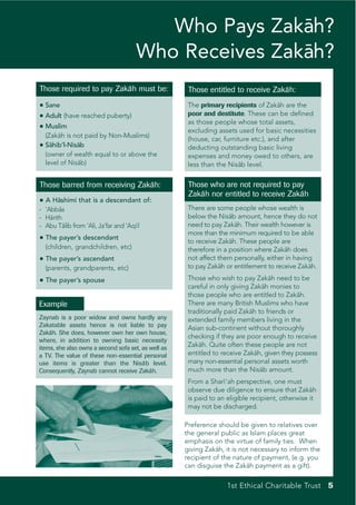 Who Pays Zakah?
                                                      ¯
                                      Who Receives Zakah?
                                                      ¯
Those required to pay Zaka must be:
                         ¯h                           Those entitled to receive Zaka
                                                                                   ¯h:
• Sane                                                The primary recipients of Zakah are the
                                                                                       ¯
• Adult (have reached puberty)                        poor and destitute. These can be defined
                                                      as those people whose total assets,
• Muslim                                              excluding assets used for basic necessities
  (Zakah is not paid by Non-Muslims)
      ¯
                                                      (house, car, furniture etc.), and after
• Sahib’l-Nisab
   ¯         ¯                                        deducting outstanding basic living
  (owner of wealth equal to or above the              expenses and money owed to others, are
  level of Nisab)
              ¯                                       less than the Nisab level.
                                                                         ¯


Those barred from receiving Zaka
                               ¯h:                    Those who are not required to pay
                                                      Zaka nor entitled to receive Zaka
                                                         ¯h                           ¯h
• A Hashimi that is a descendant of:
     ¯
- ‘Abbas
       ¯                                              There are some people whose wealth is
- Harith
    ¯                                                 below the Nisab amount, hence they do not
                                                                     ¯
- Abu Talib from ‘Ali, Ja‘far and ‘Aqı l
         ¯                           ¯                need to pay Zaka Their wealth however is
                                                                       ¯h.
                                                      more than the minimum required to be able
• The payer’s descendant                              to receive Zakah. These people are
                                                                     ¯
  (children, grandchildren, etc)                      therefore in a position where Zakah does
                                                                                         ¯
• The payer’s ascendant                               not affect them personally, either in having
  (parents, grandparents, etc)                        to pay Zaka or entitlement to receive Zaka
                                                                  ¯h                             ¯h.

• The payer’s spouse                                  Those who wish to pay Zakah need to be
                                                                                     ¯
                                                      careful in only giving Zakah monies to
                                                                                   ¯
                                                      those people who are entitled to Zakah.¯
Example                                               There are many British Muslims who have
                                                      traditionally paid Zakah to friends or
                                                                             ¯
Zaynab is a poor widow and owns hardly any            extended family members living in the
Zakatable assets hence is not liable to pay           Asian sub-continent without thoroughly
Zaka She does, however own her own house,
    ¯h.
                                                      checking if they are poor enough to receive
where, in addition to owning basic necessity
items, she also owns a second sofa set, as well as    Zakah. Quite often these people are not
                                                          ¯
a TV. The value of these non-essential personal       entitled to receive Zakah, given they possess
                                                                               ¯
use items is greater than the Nisa b level.
                                        ¯             many non-essential personal assets worth
Consequently, Zaynab cannot receive Zaka   ¯h.        much more than the Nisab amount.
                                                                                 ¯
                                                      From a Sharı ‘ah perspective, one must
                                                                   ¯
                                                      observe due diligence to ensure that Zakah  ¯
                                                      is paid to an eligible recipient, otherwise it
                                                      may not be discharged.

                                                     Preference should be given to relatives over
                                                     the general public as Islam places great
                                                     emphasis on the virtue of family ties. When
                                                     giving Zakah, it is not necessary to inform the
                                                                ¯
                                                     recipient of the nature of payment, (e.g. you
                                                     can disguise the Zakah payment as a gift).
                                                                            ¯

                                                                    1st Ethical Charitable Trust 5
 