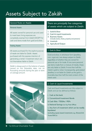 Assets Subject to Zakah
                     ¯
    General Rules on Assets                         There are principally five categories
    Personal Assets
                                                    of assets which are subject to Zakah:
                                                                                        ¯

                                                    1. Gold & Silver
    All assets owned for personal use and used
                                                    2. Cash & Liquid Investments
    to meet basic living expenses are
                                                    3. Business Assets
    completely exempt from Zakah EXCEPT for
                                 ¯                     (includes stocks, shares, property and pensions)
    cash and items made from gold and silver.       4. Livestock
                                                    5. Agricultural Output
    Trading Assets

    All assets purchased for the explicit purpose   1. Gold & Silver
    of resale are liable for Zakah. Assets
                                ¯
                                                    Gold and silver, in whichever form (jewellery,
    purchased with the express intention of
                                                    coin, ingot etc.) are always subject to Zakah,
                                                                                                ¯
    generating a rental / investment return are
                                                    regardless of whether they are owned for
    not themselves liable to Zakah.
                                  ¯
                                                    personal use or for trade. If one owns personal
                                                    use items made from a mixture of metals, these
    Zakah is always paid on the balance of assets
         ¯
                                                    are only liable to Zakah if more than half the
                                                                            ¯
    owned on the Zakatable date, not on
    fluctuating amounts during the year or even     metal is gold or silver. Consequently, gold plated
    an average amount.                              jewellery is not liable for Zakah as the gold is
                                                                                   ¯
                                                    invariably less than half the total content of the
                                                    metal used.


                                                    2. Cash & Liquid Investments

                                                    Cash and liquid investments are fully subject to
                                                    Zakah and can be defined as follows:
                                                       ¯

                                                    i. Cash at the bank
                                                    ii. Conventional Investment Bonds
                                                    iii.Cash ISAs / TESSAs / PEPs
                                                    iv. National Savings (run by Post Office)
                                                    v. Any form of investment which can be readily
                                                    liquidated
                                                    (excluding equity based investments e.g. Shares/Unit
                                                    Trusts/OEIC’s)




6 1st Ethical Charitable Trust
 