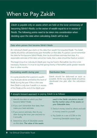 When to Pay Zakah
               ¯
     Zaka is payable only on assets which are held on the lunar anniversary of
        ¯h
     becoming Sa
               ¯hib’l-Nisab, i.e the owner of wealth equal to or in excess of
                         ¯
     Nisa The following points need to be taken into consideration when
        ¯b.
     deciding upon the date when calculating Zakah will be due:
                                                ¯


    Date when person first became Sa
                                   ¯hib’l-Nisa
                                             ¯b

    An individual’s Zakah year starts on the date their wealth first equalled Nisa The Zakah
                         ¯                                                          ¯b.       ¯
    liability should be calculated every year thereafter on that date. If a person cannot remember
    the date he first became Sa  ¯hib’l-Nisab, then he should best estimate that date. If a
                                           ¯
    reasonable estimate of the date cannot be made, then a date should be fixed at random.

    The beginning of an individual’s Zaka year may be fixed in Ramadha but this is not
                                           ¯h                             ¯n,
    necessary. However, it is true to say that giving charity in Ramadha yields greater rewards
                                                                       ¯n
    than in other months.

    Fluctuating wealth during year                  Distribution Date

    It is quite possible that a person’s wealth     Zakah should be disbursed as soon as
                                                        ¯
                                                    possible. At the very latest Zaka should be
                                                                                    ¯h
    may fluctuate above and below the level of
                                                    distributed one year after the calculation
    Nisab during the year. If this is the case
         ¯                                          date.
    then Zakah is only due if wealth is in excess
             ¯
    of the Nisab at the end of the Zakah year.
               ¯                        ¯


    A straight-forward approach to paying Zaka is as follows:
                                             ¯h

     1. Identify the date on which you first            used in the Zakah calculation should
                                                                       ¯
        became Sahib’l-Nisab.
                   ¯        ¯                           be the market value of the assets on
                                                        your Zakatable date.
     2. If you can’t remember that date, then
        make your best estimate.                      5. Deduct money owed to others and add
     3. If you cannot estimate, then fix any            in money owed to yourself.
        date during the lunar year and stick to
                                                      6. Pay Zakah at a rate of 2.5% on the
                                                                ¯
        it annually.
                                                        remaining Zakatable assets figure.
    4. Determine value of Zakatable assets
       on this date. The value of the assets




8 1st Ethical Charitable Trust
 