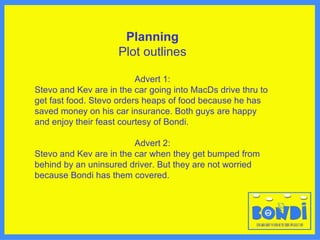 Planning Plot outlines Advert 1: Stevo and Kev are in the car going into MacDs drive thru to get fast food. Stevo orders heaps of food because he has saved money on his car insurance. Both guys are happy and enjoy their feast courtesy of Bondi. Advert 2: Stevo and Kev are in the car when they get bumped from behind by an uninsured driver. But they are not worried because Bondi has them covered. 