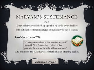 MARYAM‟S SUSTENANCE
When Zakariya would check up upon her he would always find her
with sufficient food including types of fruit that were out of season.
Proof (Surah Imran V37):
"O Mary, from where is this [coming] to you?"
She said, "It is from Allah . Indeed, Allah
provides for whom He wills without account."
And because of this Zakariya wished that he had an offspring like her.

Zakariya‟s Prayer

 