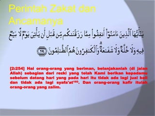 Perintah Zakat dan
Ancamanya
[2:254] Hai orang-orang yang beriman, belanjakanlah (di jalan
Allah) sebagian dari rezki yang telah Kami berikan kepadamu
sebelum datang hari yang pada hari itu tidak ada lagi jual beli
dan tidak ada lagi syafa'at160. Dan orang-orang kafir itulah
orang-orang yang zalim.
 