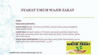 SYARAT UMUM WAJIB ZAKAT
– ISLAM.
– PEMILIKAN SEMPURNA.
– CUKUP NISAB (kadar minimum pemilikan sesuatu harta yang mewajibkan
zakat ke atas harta).
– CUKUP HAUL (tempoh setahun (12 bulan) qomariah pemilikan kekal harta
zakat oleh seseorang selain dari harta zakat biji-bijian, buah-buahan, galian
dan harta karun).
– HARTA YANG BERKEMBANG (harta pemilikan yang boleh berkembang secara
hakiki(‫ي‬ِ‫ق‬ْ‫ي‬ِ‫ق‬َ‫ح‬) atau boleh diusahakan ( ‫ي‬ ِ‫ْر‬‫ي‬ِ‫د‬ْ‫ق‬َ‫ت‬)
SUMBER:http://www.zakatselangor.com.my
 