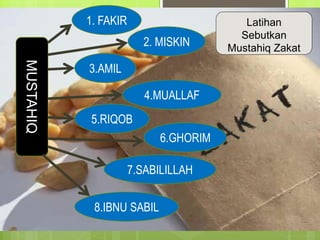 MUSTAHIQ 1. FAKIR
2. MISKIN
3.AMIL
4.MUALLAF
7.SABILILLAH
6.GHORIM
5.RIQOB
8.IBNU SABIL
Latihan
Sebutkan
Mustahiq Zakat
 