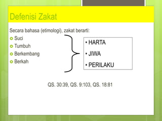 Defenisi Zakat
Secara bahasa (etimologi), zakat berarti:
 Suci
 Tumbuh
 Berkembang
 Berkah
QS. 30:39, QS. 9:103, QS. 18:81
• HARTA
• JIWA
• PERILAKU
 