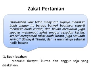 Zakat Pertanian
“Rasulullah Saw telah menyuruh supaya menaksir
buah anggur itu berapa banyak buahnya, seperti
menaksir buah kurma, dan beliau menyuruh juga
supaya memungut zakat anggur sesudah kering,
seperti mengambil zakat buah kurma, juga sesudah
kering.” (Riwayat Tirmizi, dan ia menilainya sebagai
hadis hasan)
1. Buah-buahan
Menurut riwayat, kurma dan anggur saja yang
dizakatkan.
 