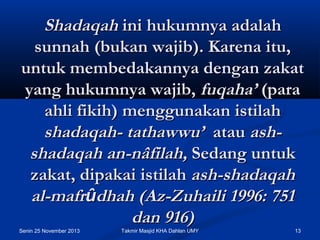 Shadaqah ini hukumnya adalah
sunnah (bukan wajib). Karena itu,
untuk membedakannya dengan zakat
yang hukumnya wajib, fuqaha’ (para
ahli fikih) menggunakan istilah
shadaqah- tathawwu’  atau ashshadaqah an-nâfilah, Sedang untuk
zakat, dipakai istilah ash-shadaqah
al-mafrûdhah (Az-Zuhaili 1996: 751
dan 916)

Senin 25 November 2013

Takmir Masjid KHA Dahlan UMY

13

 