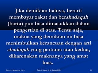 Jika demikian halnya, berarti
membayar zakat dan bershadaqah
(harta) pun bisa dimasukkan dalam
pengertian di atas. Tentu saja,
makna yang demikian ini bisa
menimbulkan kerancuan dengan arti
shadaqah yang pertama atau kedua,
dikarenakan maknanya yang amat
luas.
Senin 25 November 2013

Takmir Masjid KHA Dahlan UMY

28

 