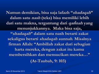 Namun demikian, bisa saja lafazh “shadaqah”
dalam satu nash (teks) bisa memiliki lebih
dari satu makna, tergantung dari qarînah yang
menunjukkannya.  Maka bisa saja,
“shadaqah” dalam satu nash berarti zakat
sekaligus berarti shadaqah sunnah. Misalnya
firman Allah: “Ambillah zakat dari sebagian
harta mereka, dengan zakat itu kamu
membersihkan dan mensucikan mereka…”
(At-Taubah, 9: 103) 
Senin 25 November 2013

Takmir Masjid KHA Dahlan UMY

33

 