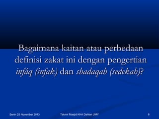 Bagaimana kaitan atau perbedaan
definisi zakat ini dengan pengertian
infâq (infak) dan shadaqah (sedekah)?

Senin 25 November 2013

Takmir Masjid KHA Dahlan UMY

6

 