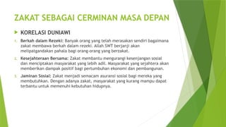 ZAKAT SEBAGAI CERMINAN MASA DEPAN
 KORELASI DUNIAWI
1. Berkah dalam Rezeki: Banyak orang yang telah merasakan sendiri bagaimana
zakat membawa berkah dalam rezeki. Allah SWT berjanji akan
melipatgandakan pahala bagi orang-orang yang berzakat.
2. Kesejahteraan Bersama: Zakat membantu mengurangi kesenjangan sosial
dan menciptakan masyarakat yang lebih adil. Masyarakat yang sejahtera akan
memberikan dampak positif bagi pertumbuhan ekonomi dan pembangunan.
3. Jaminan Sosial: Zakat menjadi semacam asuransi sosial bagi mereka yang
membutuhkan. Dengan adanya zakat, masyarakat yang kurang mampu dapat
terbantu untuk memenuhi kebutuhan hidupnya.
 