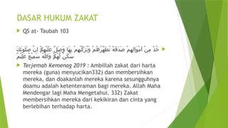 DASAR HUKUM ZAKAT
 QS at- Taubah 103

َ‫ك‬َ‫ت‬‫ٰو‬‫ل‬َ‫ص‬ َّ‫ن‬ِ‫ا‬ ۗ
ْ‫م‬ِ‫ه‬ْ‫ي‬َ‫ل‬َ‫ع‬ ِّ‫ل‬َ‫ص‬َ‫و‬ ‫َا‬‫ه‬ِ‫ب‬ ْ‫م‬ِ‫ه‬ْ‫ي‬ِّ‫ك‬َ‫ز‬ُ‫ت‬َ‫و‬ ْ‫م‬ُ‫ه‬ُ‫ر‬ِّ‫ه‬َ‫ط‬ُ‫ت‬ ً‫ة‬َ‫ق‬َ‫د‬َ‫ص‬ ْ‫م‬ِ‫ه‬ِ‫ل‬‫َا‬‫و‬ْ‫م‬َ‫ا‬ ْ‫ن‬ِ‫م‬ ْ‫ذ‬ُ‫خ‬
ٌ‫م‬ْ‫ي‬ِ‫ل‬َ‫ع‬ ٌ‫ع‬ْ‫ي‬ِ‫م‬َ‫س‬ ُ‫هّٰللا‬َ‫و‬ ۗ
ْ‫م‬ُ‫ه‬َّ‫ل‬ ٌ‫ن‬َ‫ك‬َ‫س‬
 Terjemah Kemenag 2019 : Ambillah zakat dari harta
mereka (guna) menyucikan332) dan membersihkan
mereka, dan doakanlah mereka karena sesungguhnya
doamu adalah ketenteraman bagi mereka. Allah Maha
Mendengar lagi Maha Mengetahui. 332) Zakat
membersihkan mereka dari kekikiran dan cinta yang
berlebihan terhadap harta.
 