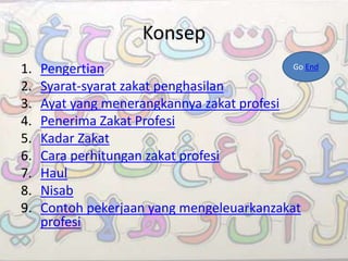 Konsep
1. Pengertian
2. Syarat-syarat zakat penghasilan
3. Ayat yang menerangkannya zakat profesi
4. Penerima Zakat Profesi
5. Kadar Zakat
6. Cara perhitungan zakat profesi
7. Haul
8. Nisab
9. Contoh pekerjaan yang mengeleuarkanzakat
profesi
Go End
 